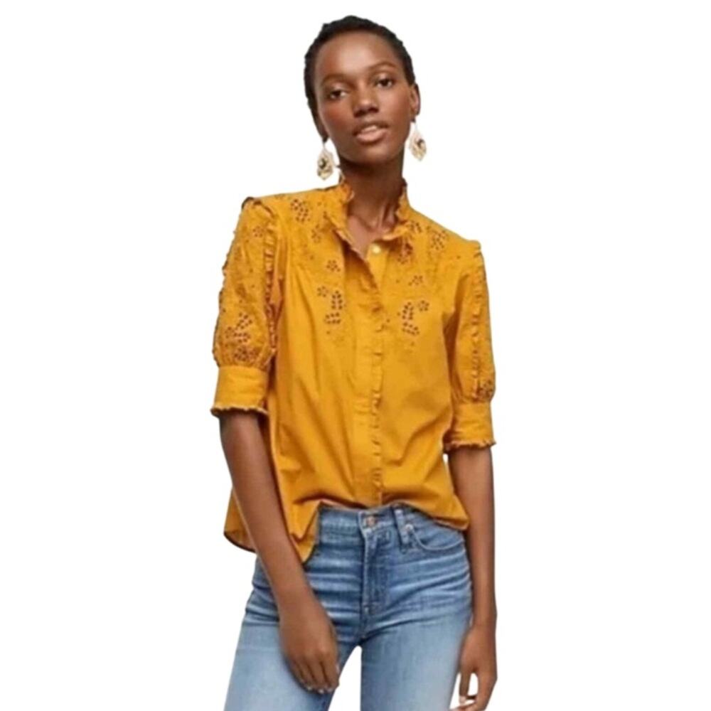 J.Crew Mockneck embroideredEyelets Ruffles blouse Warm Caramel Size Small